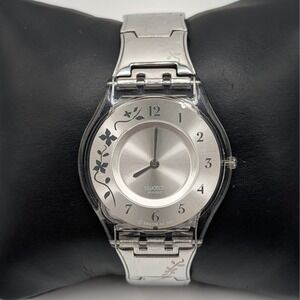 Swatch Swiss Watch 34mm Clear Case Slim Floral Dial and Bracelet